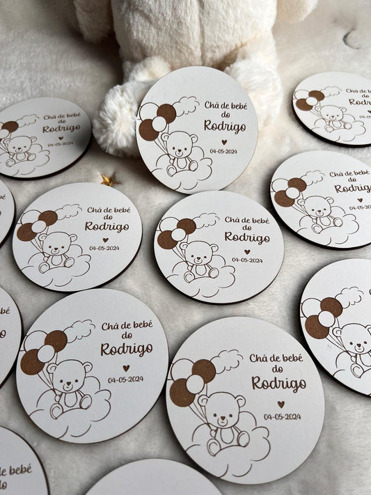 Lembrança de Baby shower em formato de disco com tema urso e balões