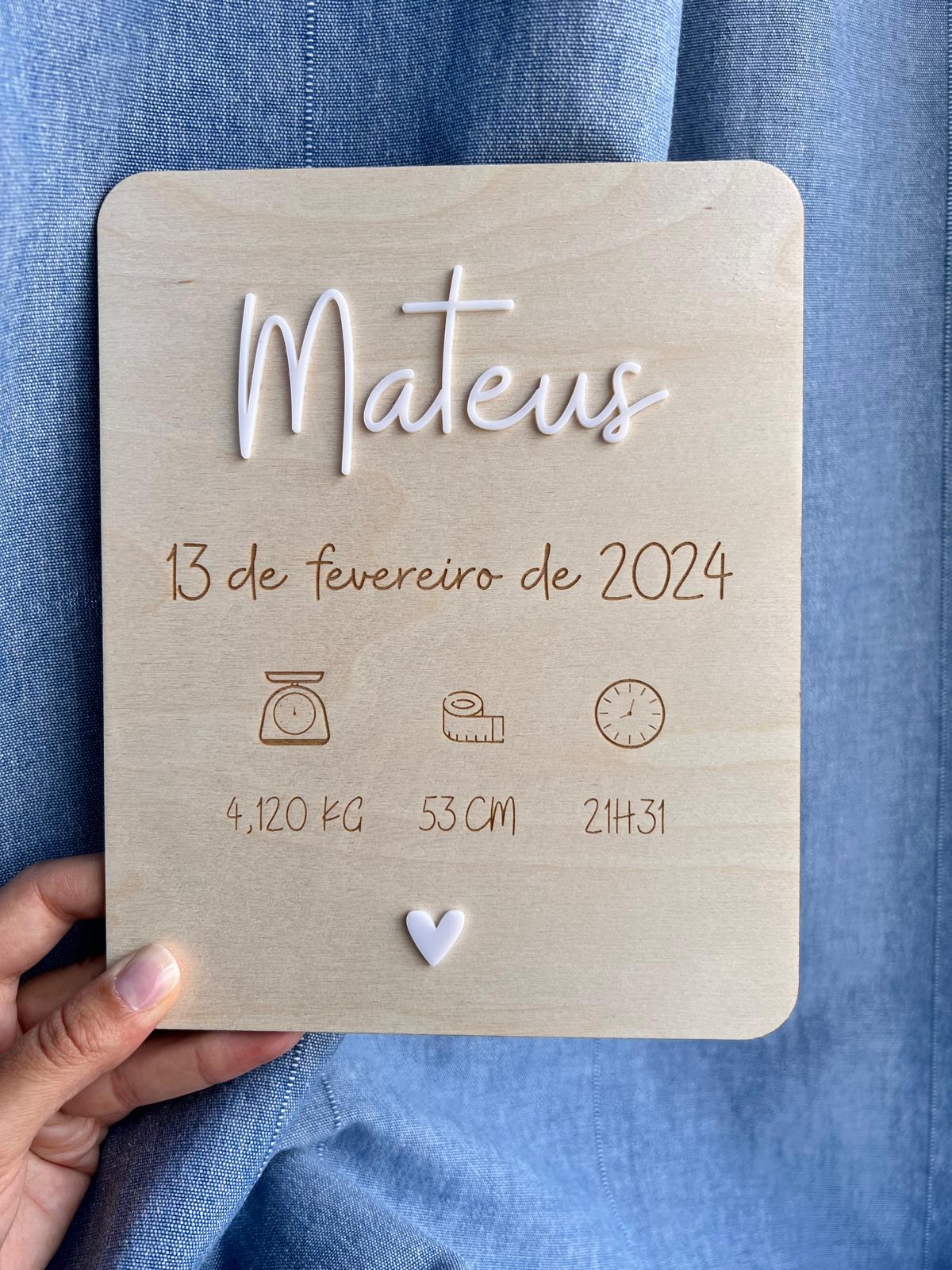 Plaquinha retangular de nascimento para bebé