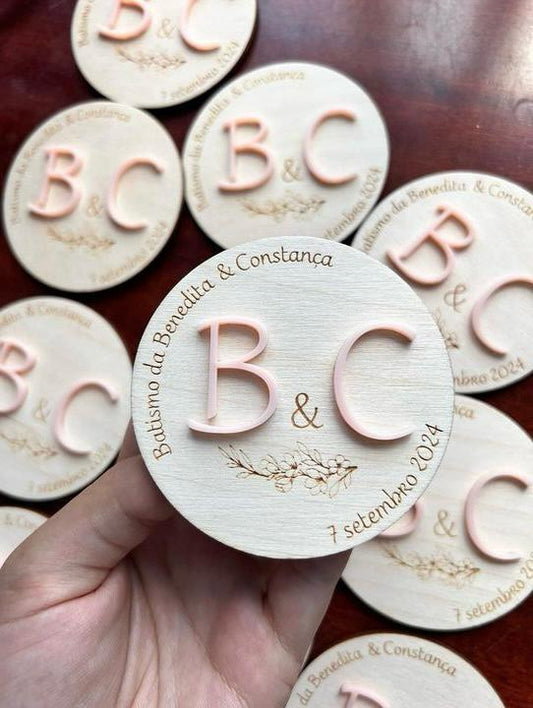 Lembrança personalizada para Batizado de gémeos/primos com saco de organza