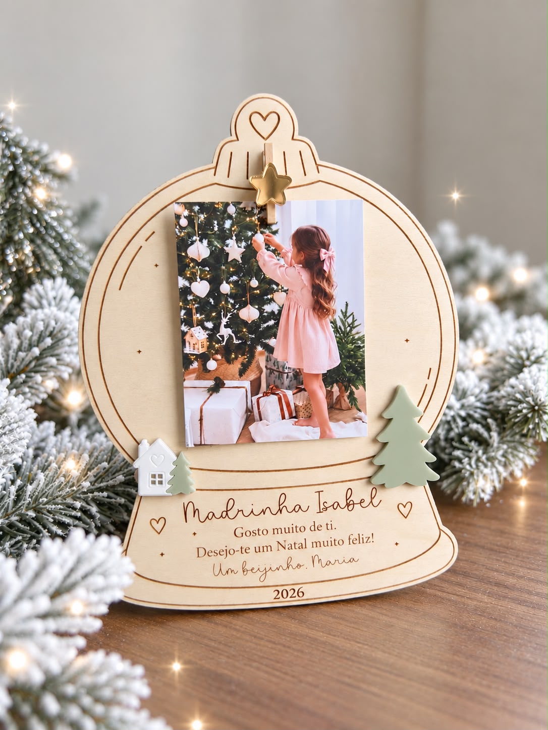 Moldura de Natal em madeira personalizada em formato de globo de neve com foto de criança e mensagem gravada para a Madrinha.