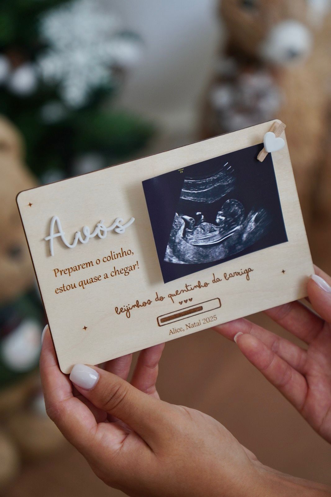 Postal em madeira de bétula personalizado para revelar gravidez aos avós com foto da ecografia – presente de Natal emocionante
