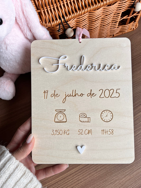 Plaquinha retangular de nascimento para bebé