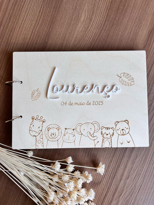 Livro de Honra e memórias personalizado em madeira - Modelo Animais da Selva