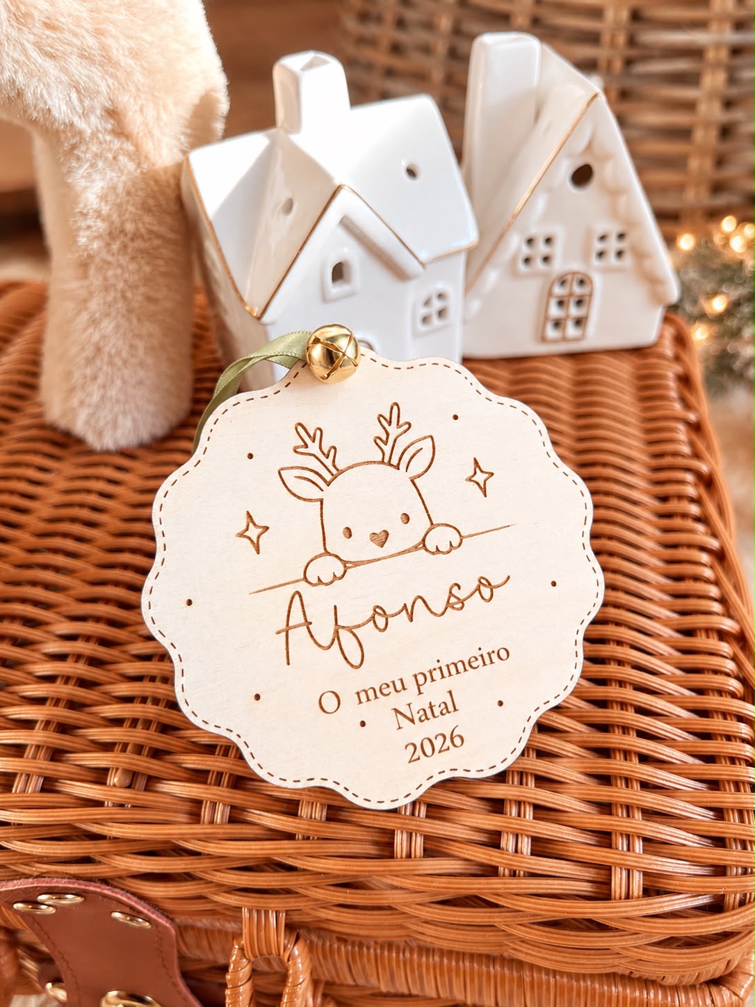 Enfeite de Natal personalizado em madeira com o nome Afonso e a frase O meu primeiro Natal 2026 pendurado numa árvore de Natal iluminada.