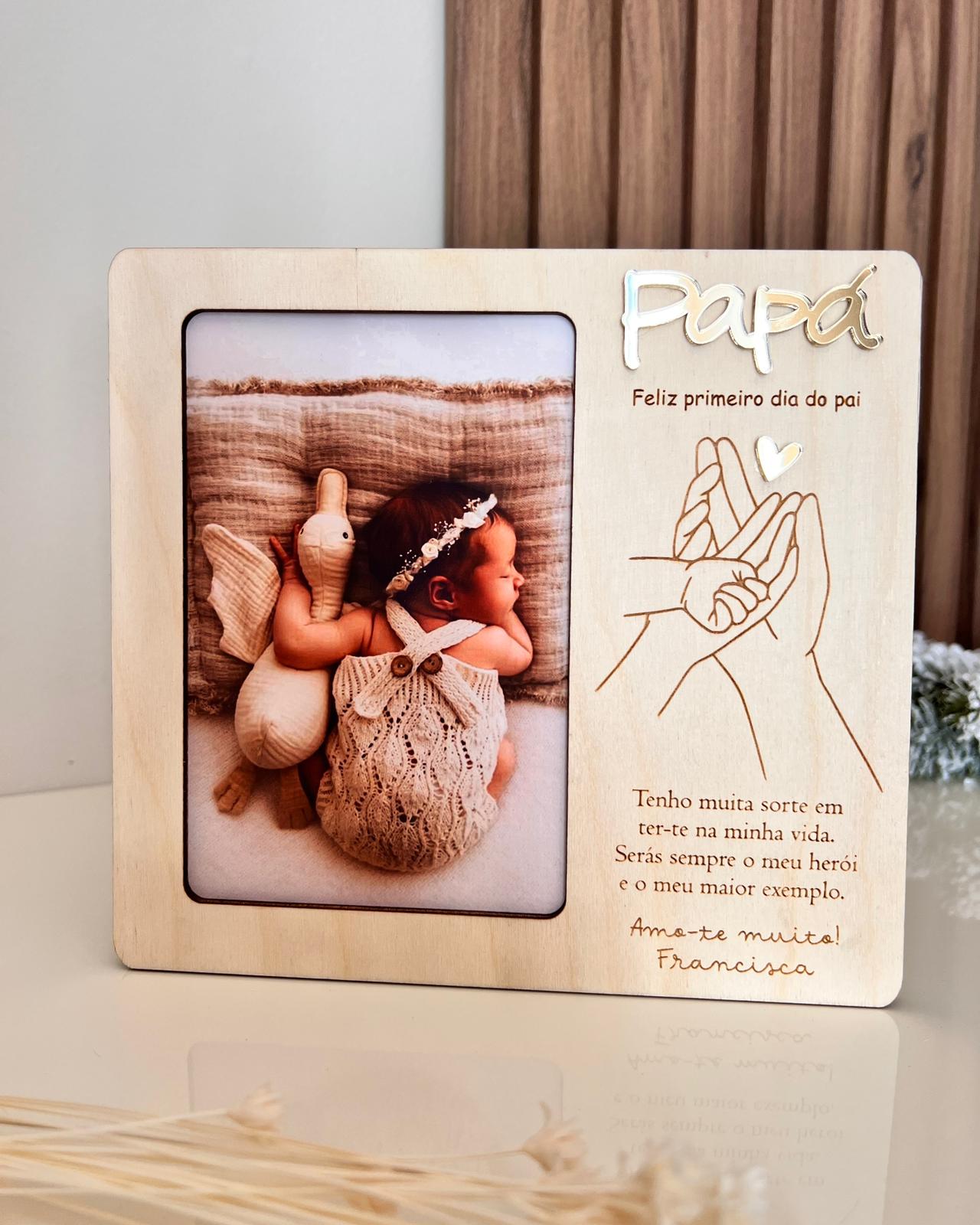 Moldura personalizada Primeiro Dia do Pai em madeira de bétula com foto de bebé 10x15 cm