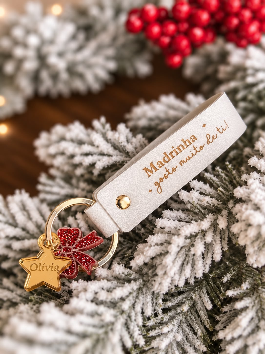Porta-chaves personalizado em pele sintética branca com gravações para Madrinha, Avô, Pai etc decorados com pendentes em acrílico de Natal com nome sobre fundo natalício.